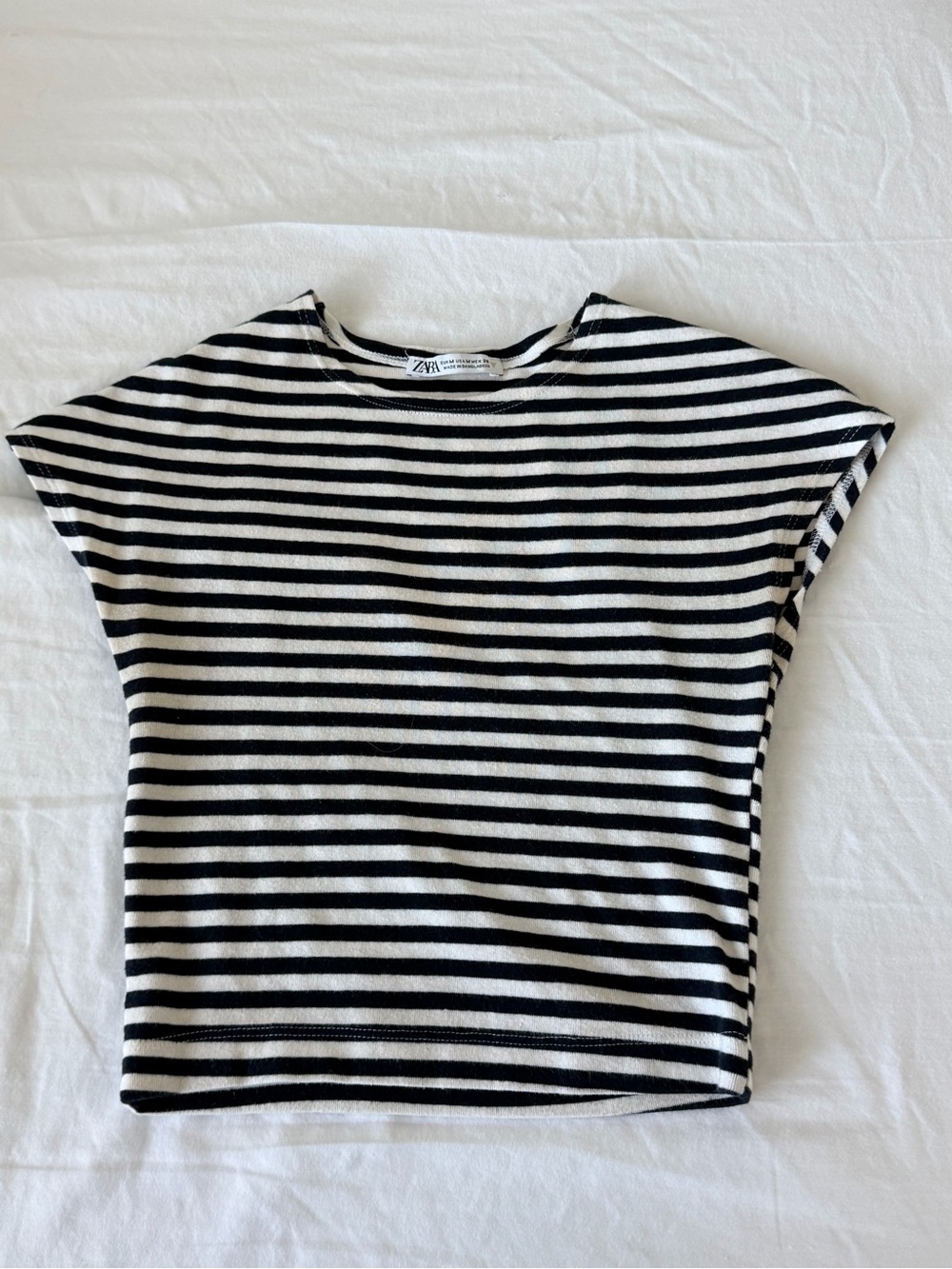 Zara Navy and White Short-Sleeve Striped Tee
